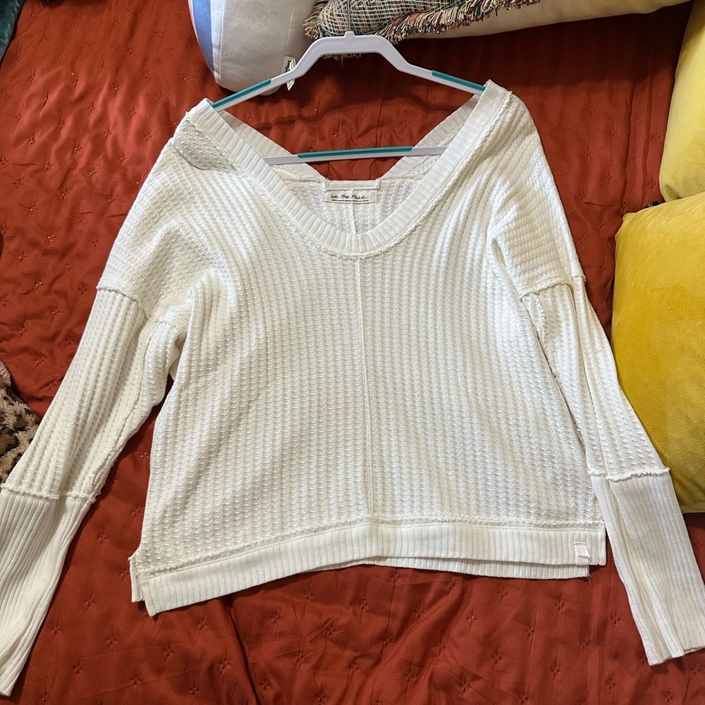 Free People Cream V-Neck Knit Sweater